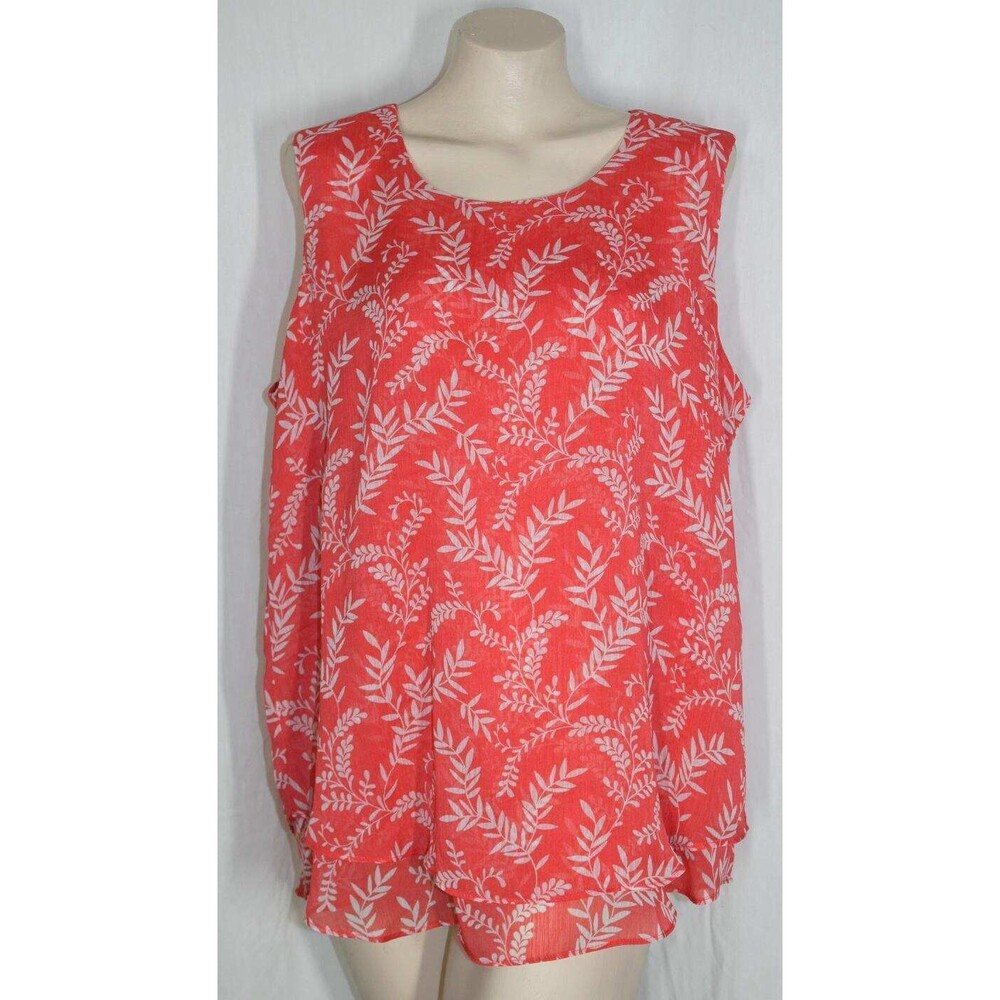 Cristina B Large Coral White Leafy Vines Sleeves Double Layer Tunic Top